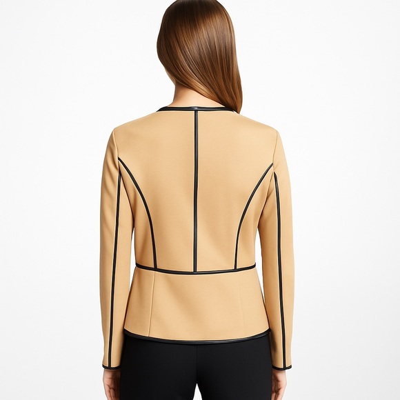 CHICO'S Camel Zip-Up Blazer w/ Dark Brown Faux Leather Trim Size S - Picture 2 of 10